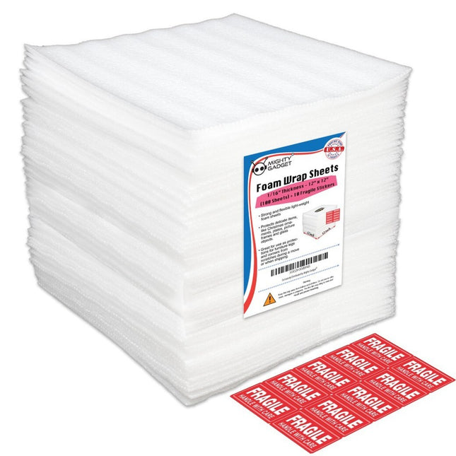 100 Pack Foam Wrap Sheets 12 x 12 Inch 1/16 Inch with Free Fragile Stickers