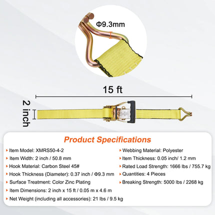 Ratchet Tie Down Straps 2" x 15' 5000 LB — 4-Pack Heavy Duty Cargo Straps with Double J Hook