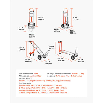 4-in-1 Aluminum Convertible Hand Truck, 1000 LB Capacity
