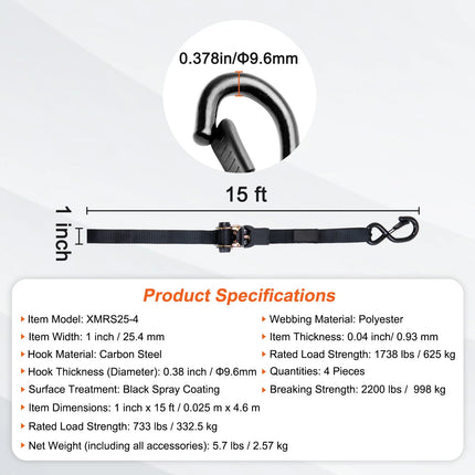 Ratchet Tie Down Straps 1" x 15' 2200 LB — 4-Pack