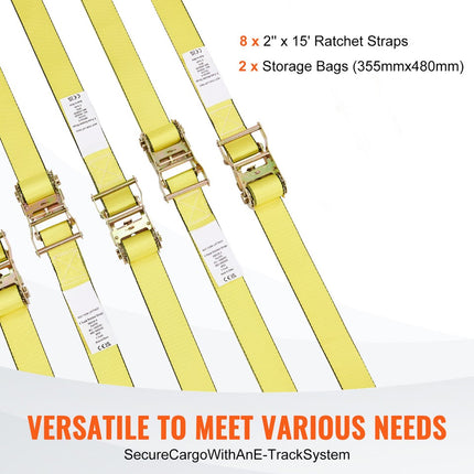 Ratchet Tie Down Straps 2" x 15' 5208 LB — 8-Pack Heavy Duty Cargo Straps E-Track Hook