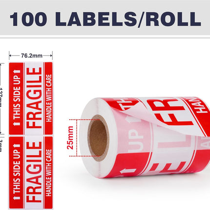 Fragile Stickers 3" x 5" — 100 Count Roll