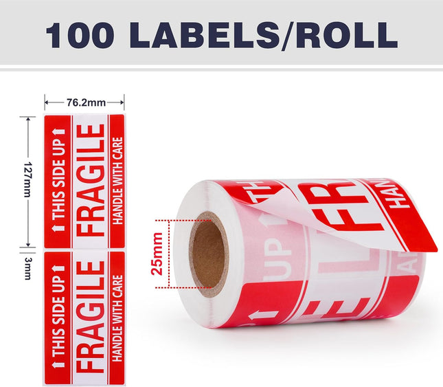 Fragile Stickers 3" x 5" — 100 Count Roll